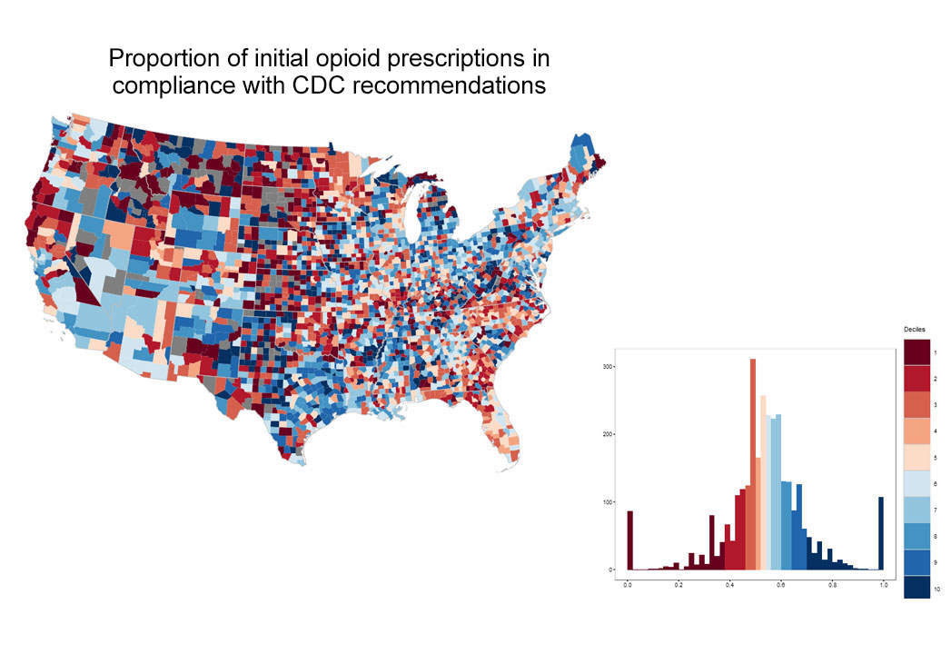 U.S. map showing proportion of initial opioid is compliant with CDC recommendations 