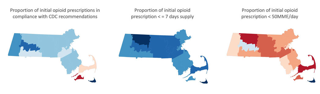 Three Massachusetts maps showing county-based performance variation in opioid use quality measures