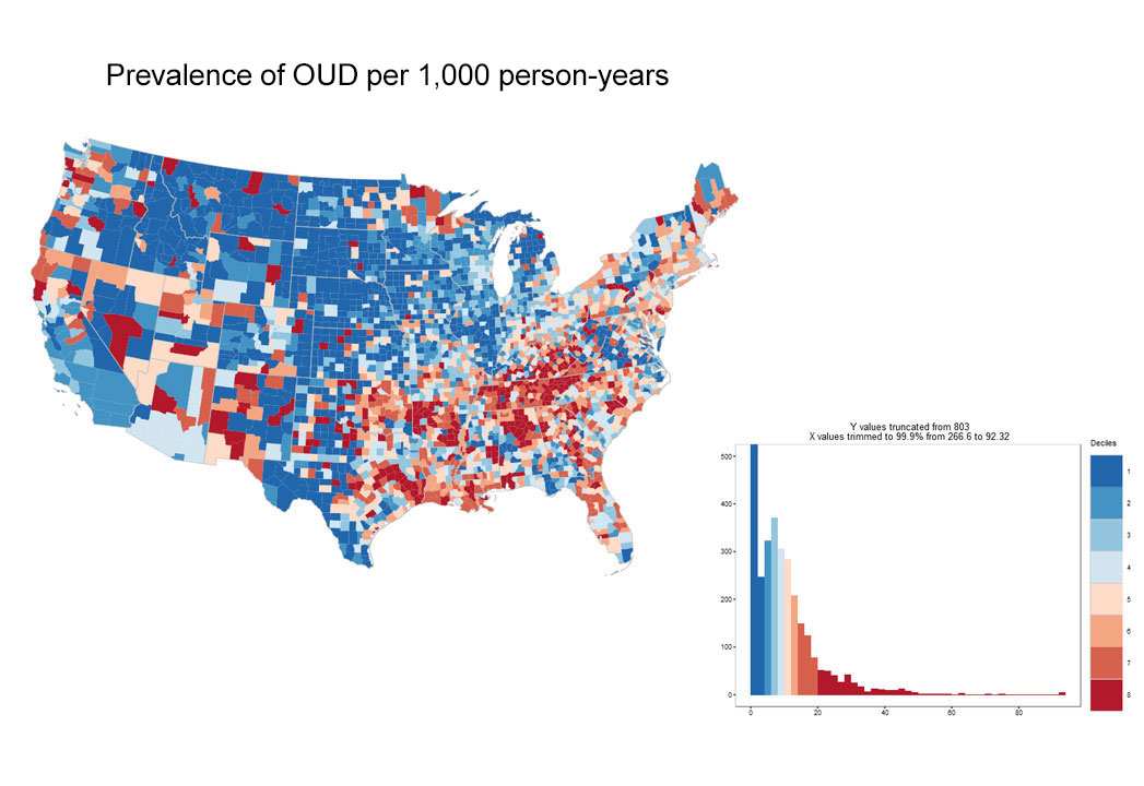 U.S. map showing prevalence of OUD per 1,000 person-years